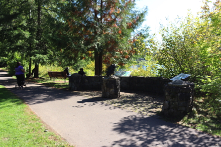 Wide paved trail – the Willamette Meteorite – view of Tualatin River from bench